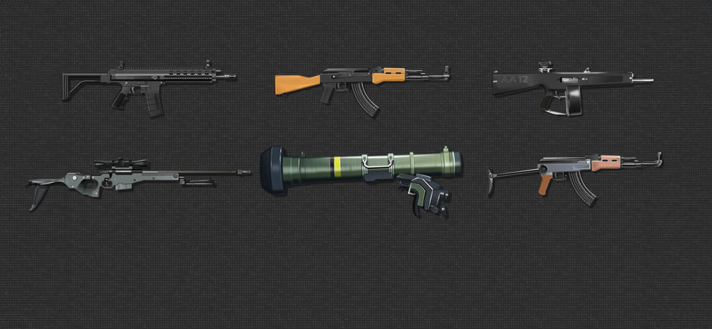 A display of high-definition weapons including assault rifles and a rocket launcher from the Gun Sounds app