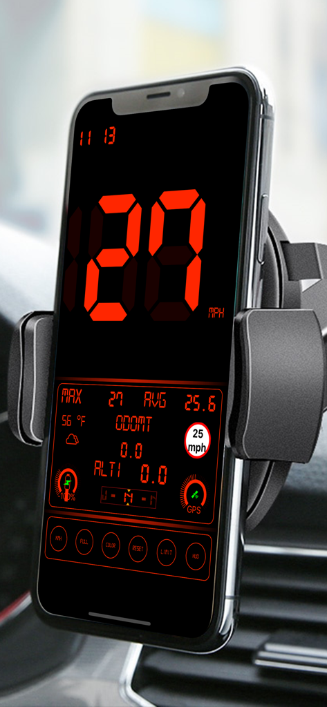 Speedometer .. - An iPhone in a car mount displaying a red digital speedometer app with speed limit and driving statistics