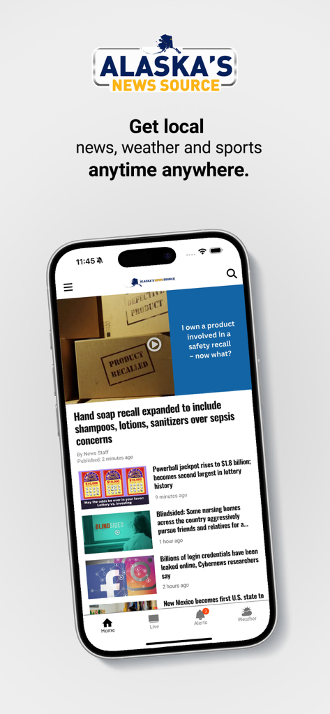 Home screen of the Alaskas News Source mobile app showing local news headlines and weather alerts