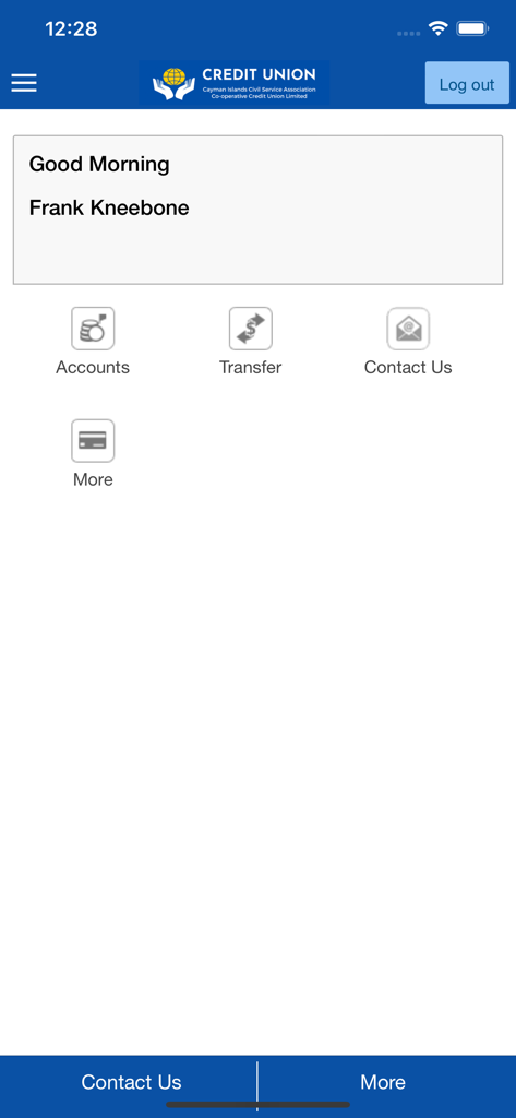 CUonline - Home screen of the CUonline mobile banking app featuring account navigation and a user greeting