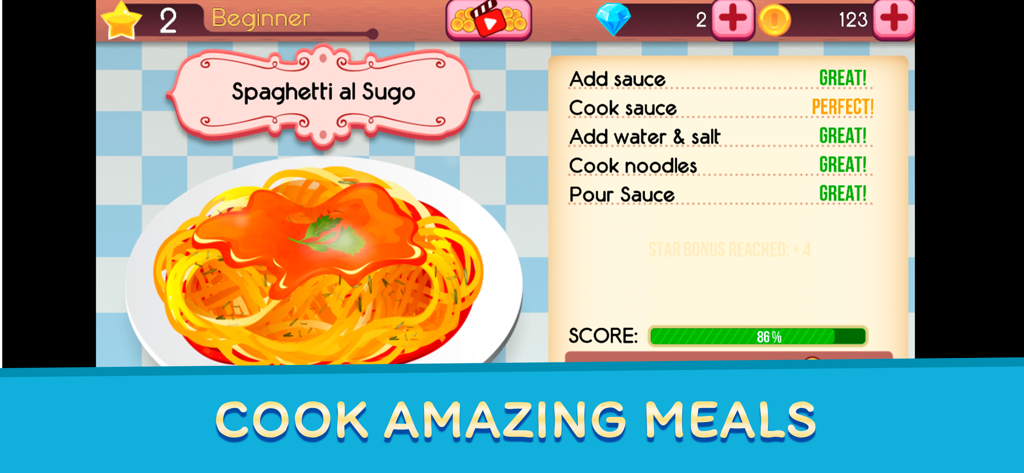 Cookbook Master: Chef Recipes - Results screen showing a completed spaghetti dish in the Cookbook Master cooking game