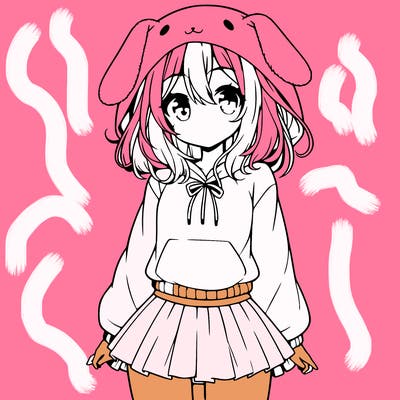 pretty anime girl wearing a fluffy hoodie with bunny ears on the hood and a skirt