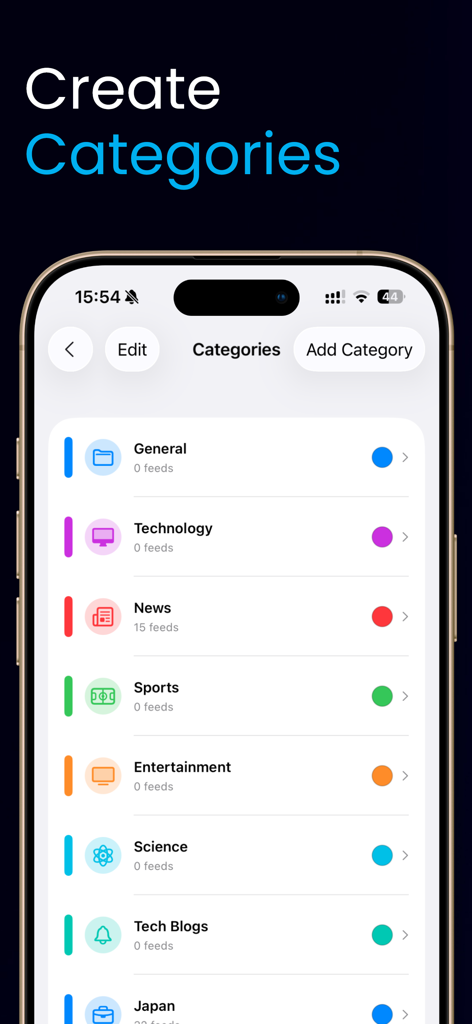 The categories screen in Simplio RSS Reader showing organized feed labels like News and Technology.