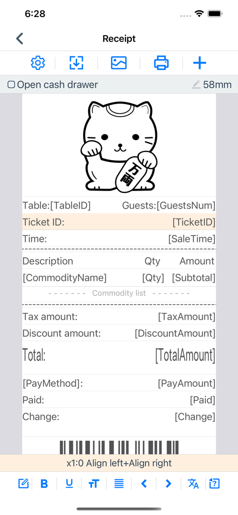 PosKing mobile app receipt designer showing a receipt with a lucky cat logo and payment details