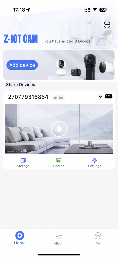 Z-IOT CAM mobile app home screen showing device management dashboard and add device button