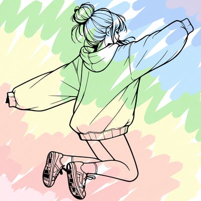 realistic girl jumping with a bun and oversized sweatshirt