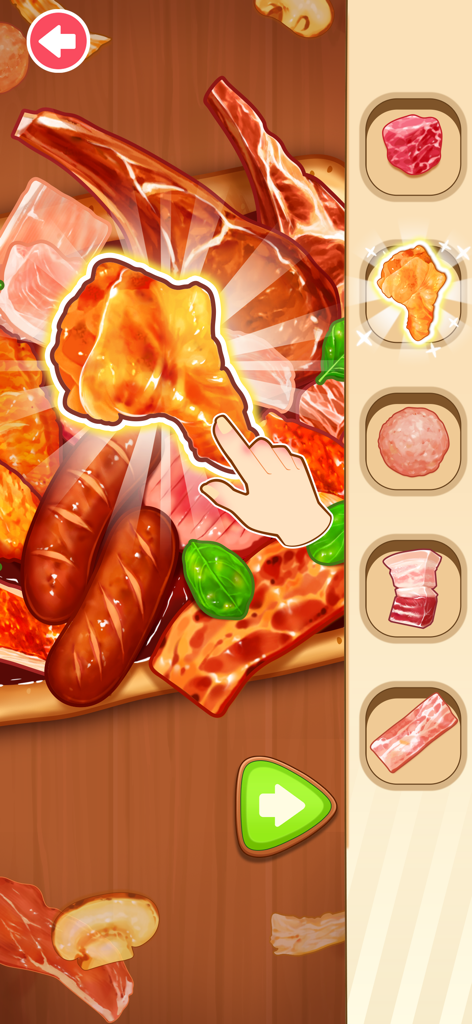 Pizza Games for kids - Uma mão selecionando uma coxa de frango como cobertura para uma pizza de carne em um jogo de culinária para crianças.