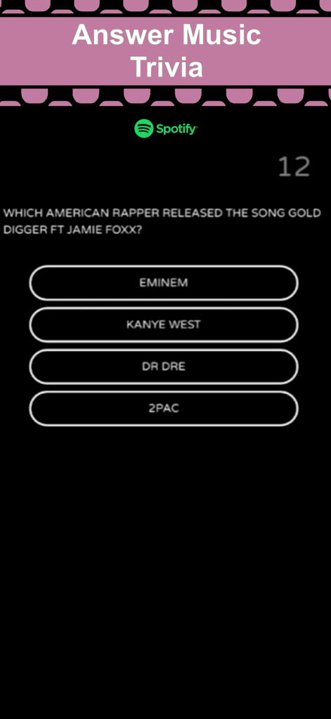 Jukebox App Musik-Quiz-Bildschirm mit einer Rap-Künstler-Quizfrage