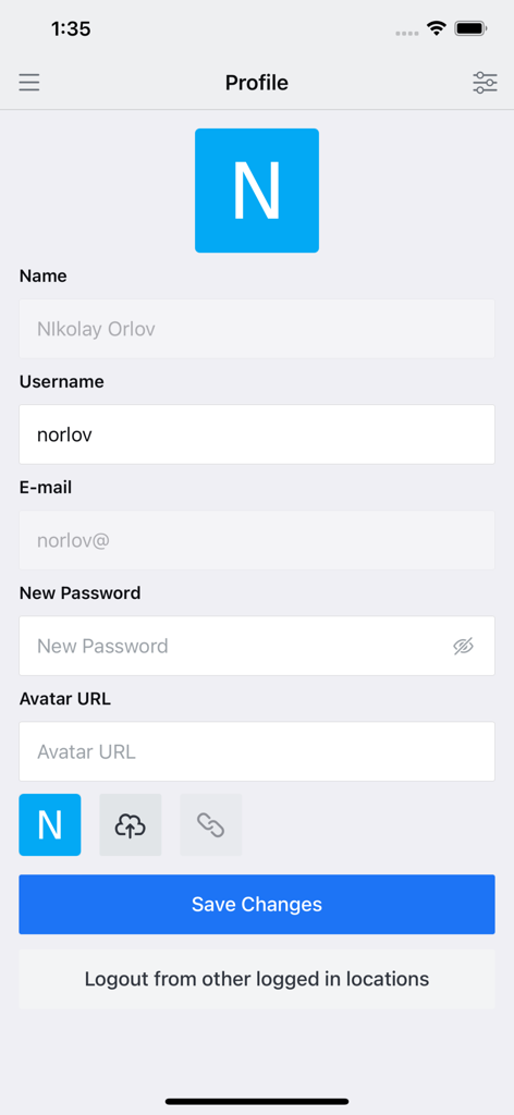 MaxChat - User profile settings screen in the MaxChat corporate messenger app showing fields for name, username, and security updates.