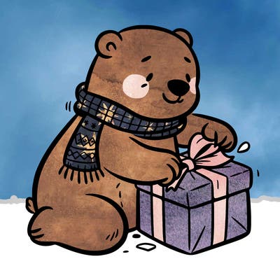 polar bear wrapping a present