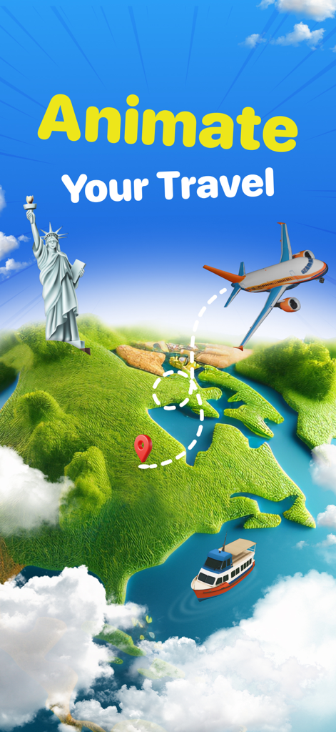 Um mapa 3D mostrando animações de rotas de viagem com um avião e a Estátua da Liberdade