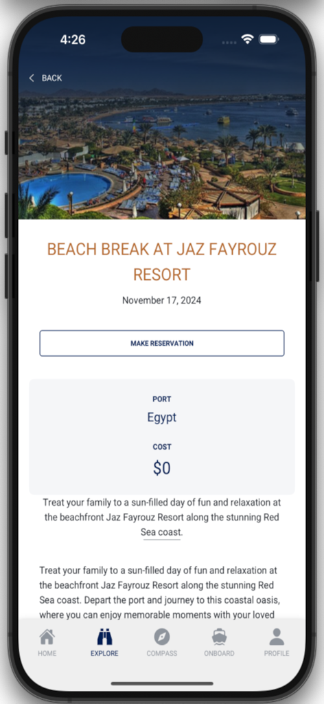 Tela do aplicativo móvel AROYA Cruises mostrando detalhes da reserva para um dia de praia no Jaz Fayrouz Resort no Egito