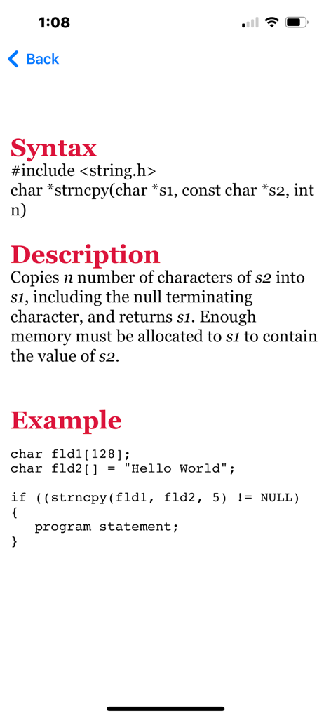 C Reference - C Reference mobile app displaying the syntax and code example for the strncpy function