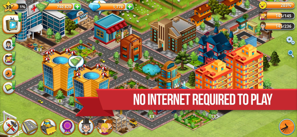 Village City Island Simulation - Gameplay of Village City Island Simulation with a red banner stating no internet is required to play