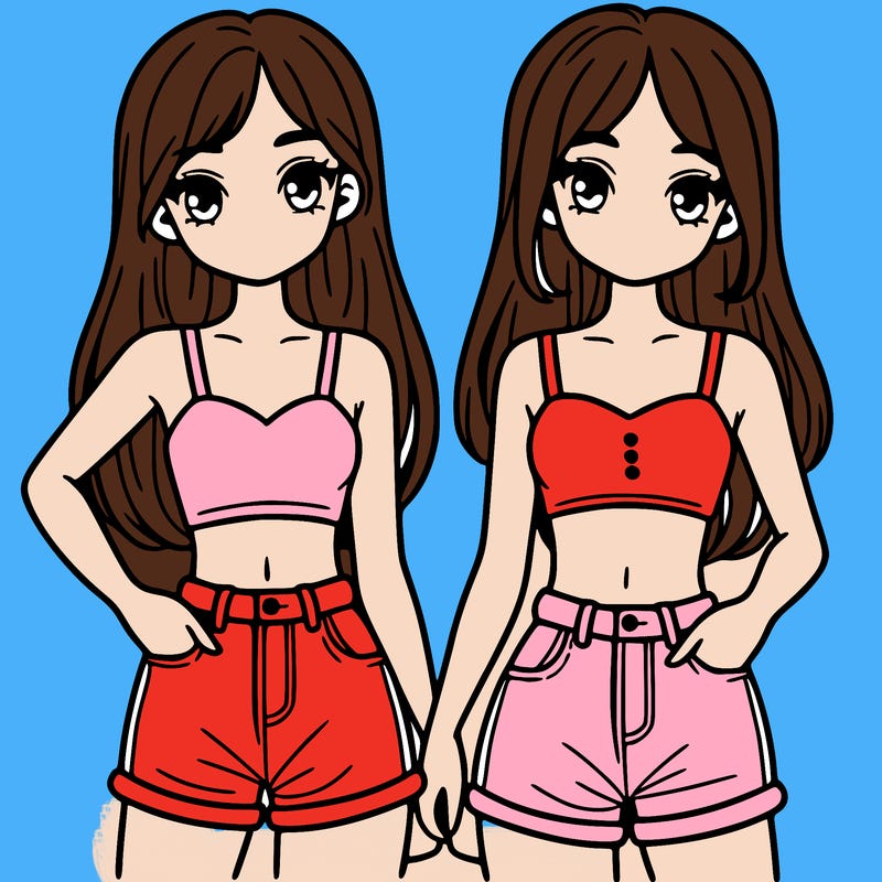 two sisters with crop tops and jean shorts and straight hair