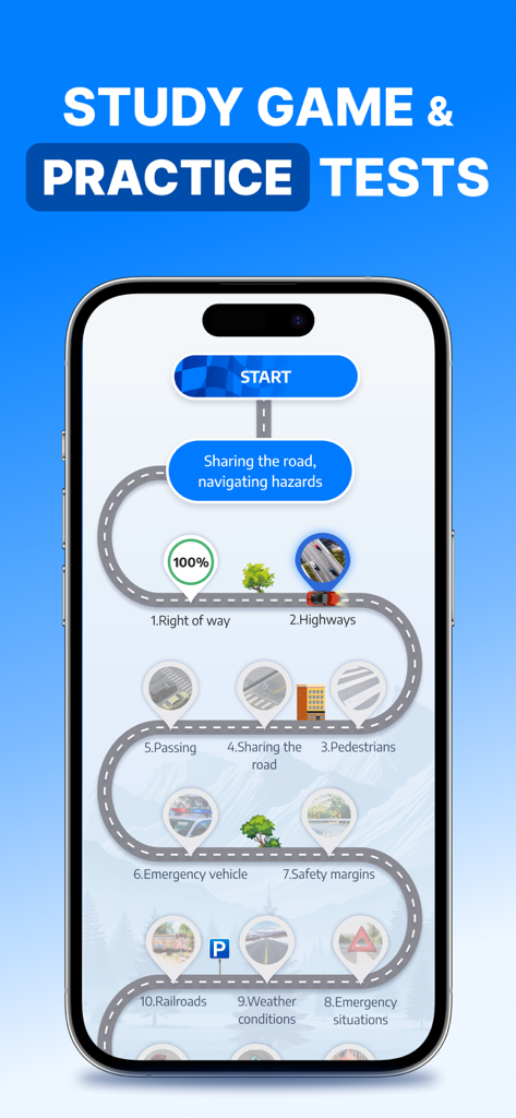 DMV Permit Practice Test: Luma - A gamified road map screen in the Luma DMV Permit Practice Test app showing various driving study levels like Right of Way and Highways