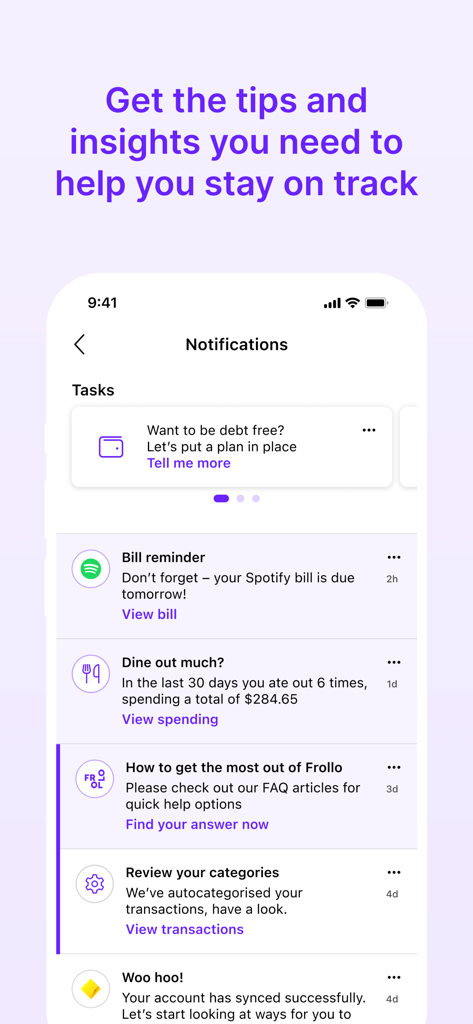 Frollo mobile app screen displaying financial notifications, bill reminders, and spending insights.