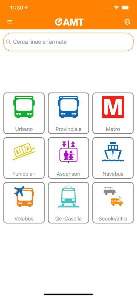 Home screen of AMT Genova app with icons for bus, metro, funiculars, and elevators