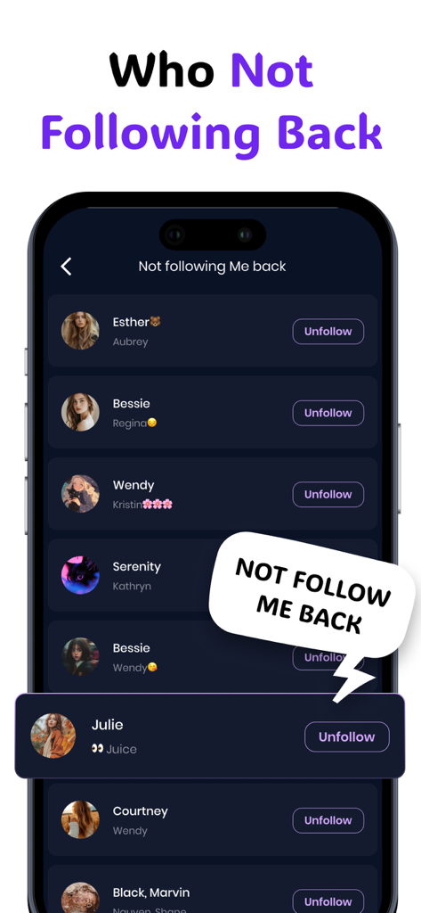 Profile Tracker:Who Unfollowed - Screenshot of the Profile Tracker app displaying a list of Instagram users who do not follow the user back with options to unfollow them.