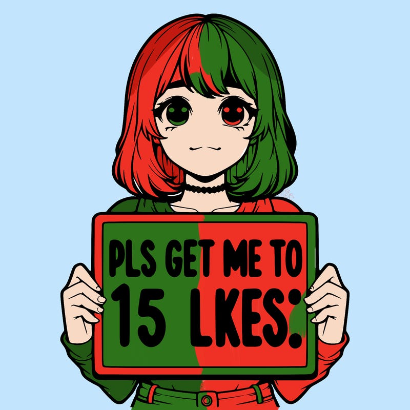realistic girl holding up a sign that says “pls get me to 15 likes!”
