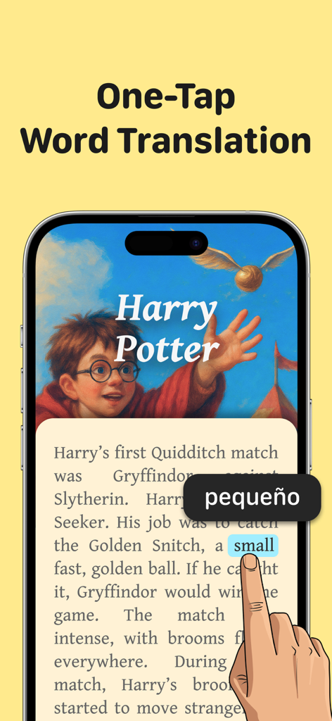 Read English Books & Audio - Dicto app interface showing instant translation of an English word in a digital book