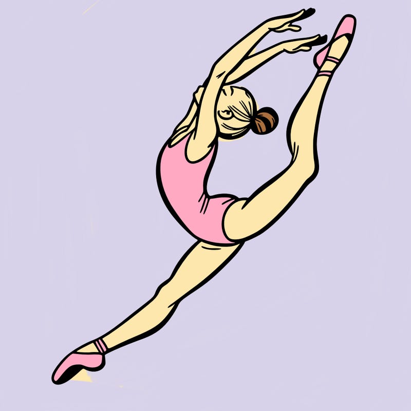 gymnast doing a leap in a leotard with a bent back leg