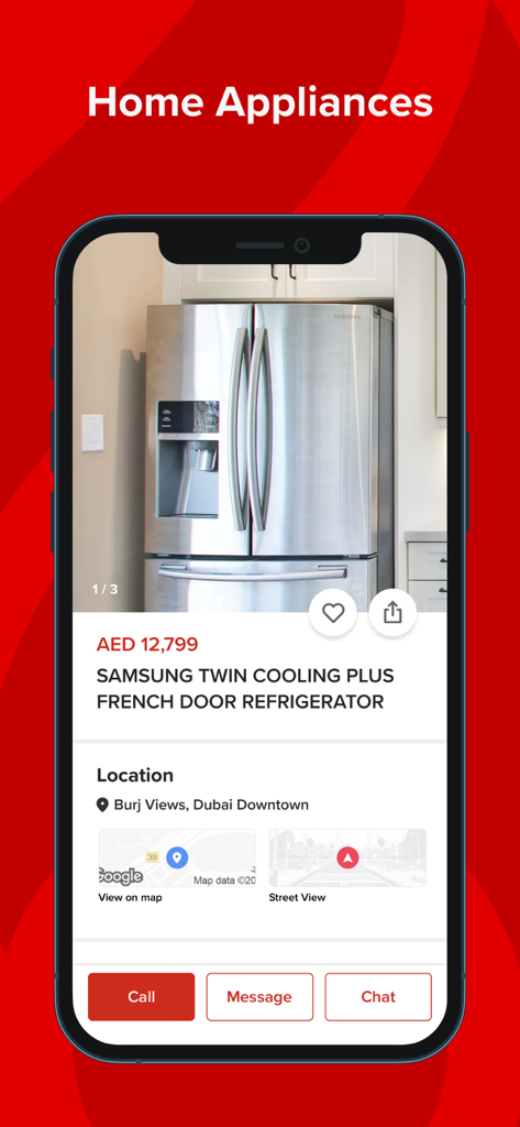 dubizzle - L'application Dubizzle affiche une annonce pour un réfrigérateur Samsung à vendre dans le centre-ville de Dubaï.