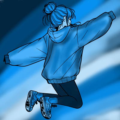 realistic girl jumping with a bun and oversized sweatshirt