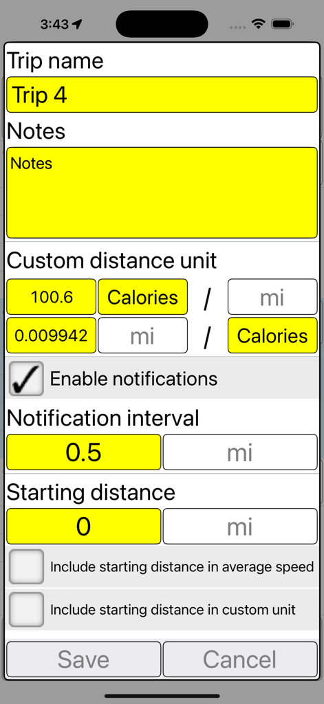 Pantalla de configuración de viaje en GPS Odometer Pro que muestra ajustes para el nombre del viaje, notas, unidades personalizadas e intervalos de notificación.