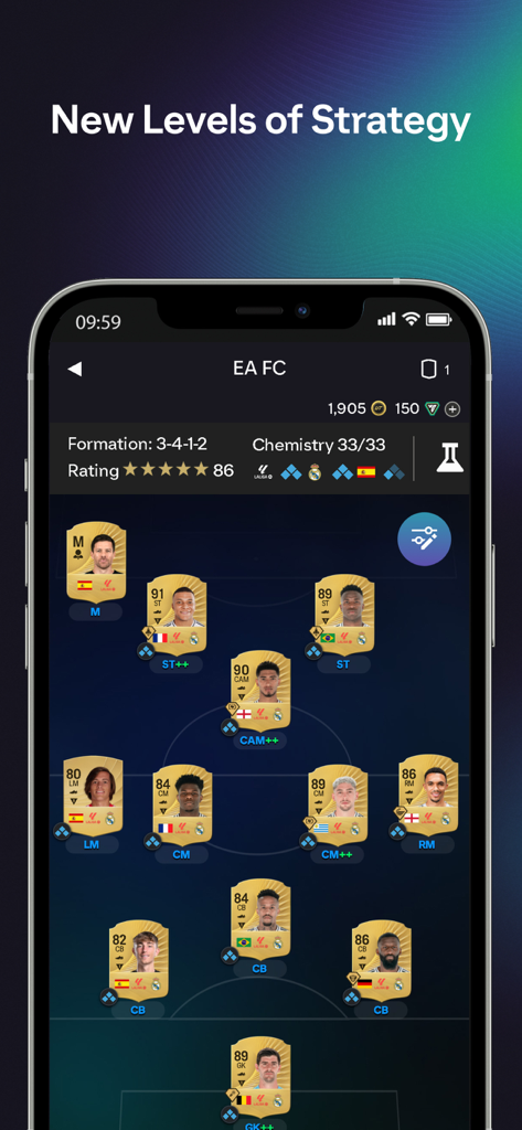 EA SPORTS FC™ 26 Companion - EA SPORTS FC 26 Companion app squad management screen with player cards and tactical formation