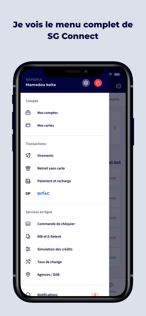 SG Connect - Main navigation menu of the SG Connect mobile banking app showing account services and transactions