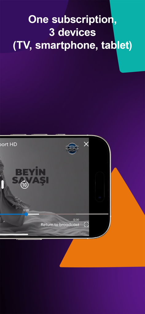 Kinon - Un smartphone affichant le lecteur vidéo de l'application Kinon avec du texte mettant en évidence un abonnement pour trois appareils.