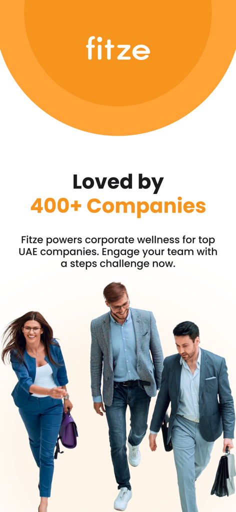 Fitze-Get Rewarded for Walking - Una pantalla promocional para la aplicación Fitze que destaca sus programas de bienestar corporativo y desafíos de pasos para más de 400 empresas.