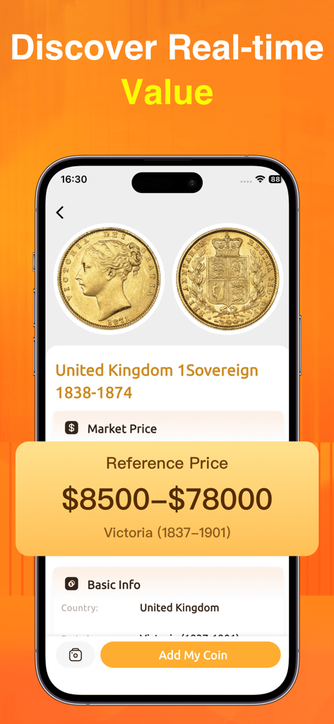 ChatCoin app displaying the market price and reference value of a rare United Kingdom gold sovereign coin
