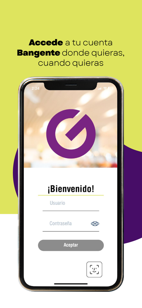 Bangente Móvil - Bangente Movil mobile banking login screen on a smartphone showing user and password fields