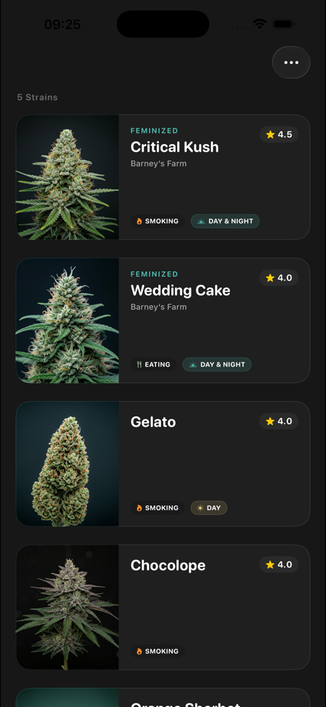Canopy - Strain Tracker - Una interfaz móvil sofisticada que muestra una lista de cepas de cannabis rastreadas con fotografía de cogollos, calificaciones de estrellas y etiquetas de uso