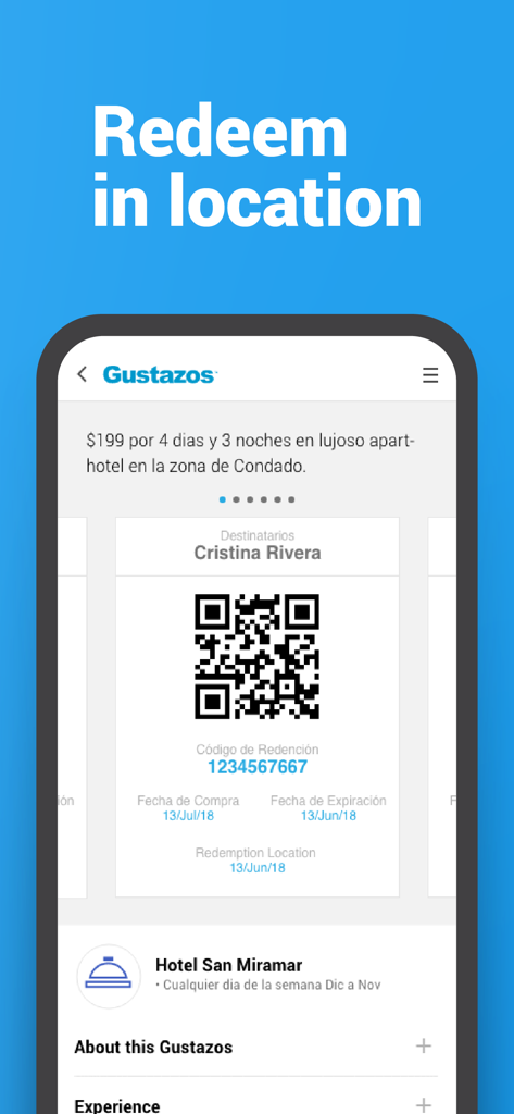 Gustazos - Gustazos app screen displaying a digital voucher with a QR code for a hotel deal.