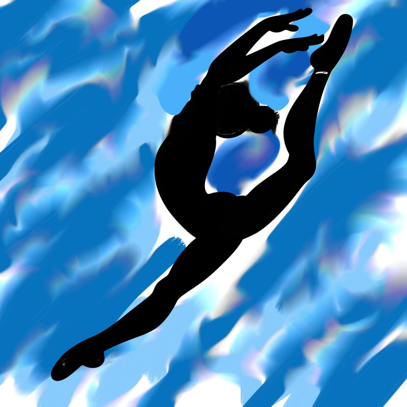 gymnast doing a leap in a leotard with a bent back leg