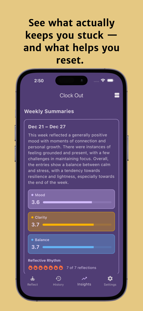 Clock Out — Unwind After Work - Weekly insights dashboard in the Clock Out app showing mood clarity and balance scores with a summary of emotional patterns