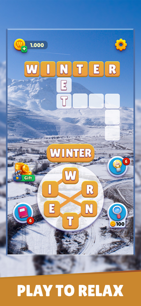 Word Universe gameplay screen featuring a crossword puzzle with a snowy mountain landscape and relaxing theme.