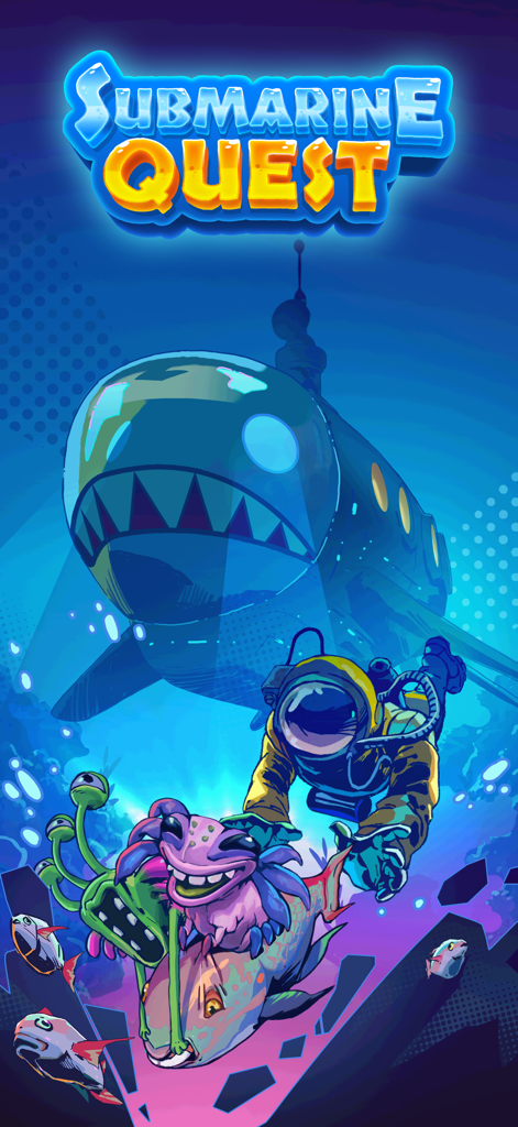 Submarine Quest: Merge&Explore - Submarine Quest game art showing a diver and shark-themed submarine in the deep sea