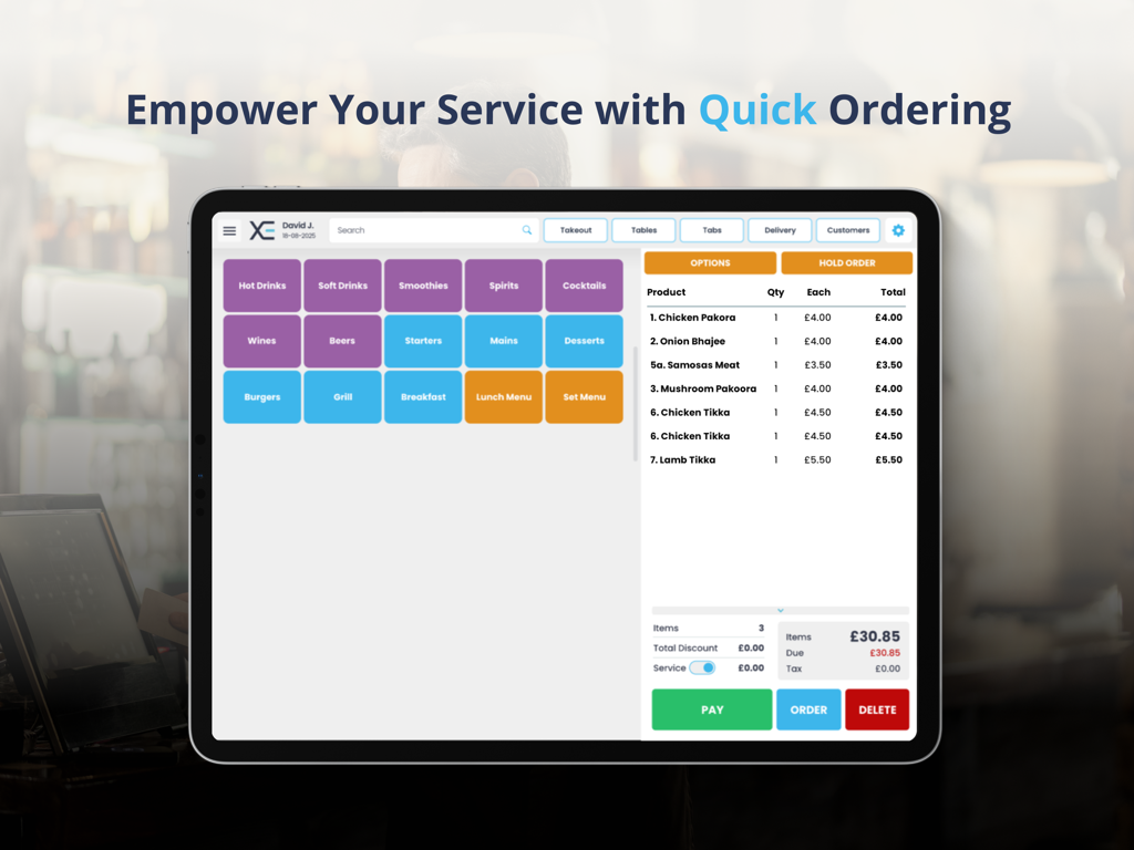 Interfaz de pedidos rápidos de XEPOS Restaurant POS en iPad mostrando categorías de menú y resumen del pedido