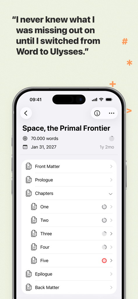 Ulysses: Writing App - Captura de tela do iPhone do aplicativo de escrita Ulysses mostrando uma biblioteca de projeto de livro estruturada e um depoimento de usuário comparando-o ao Microsoft Word