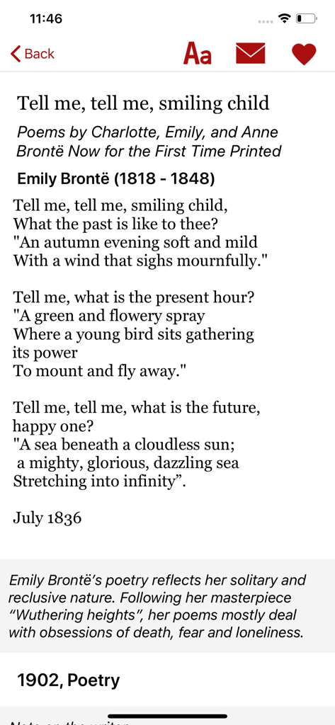 Poesia quotidiana di Emily Bronte con contesto letterario sull'app A Text A Day