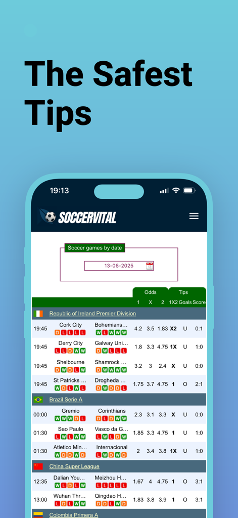 SoccerVital - SoccerVital app screen showing soccer match predictions and betting odds for international leagues