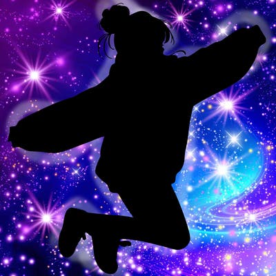 realistic girl jumping with a bun and oversized sweatshirt