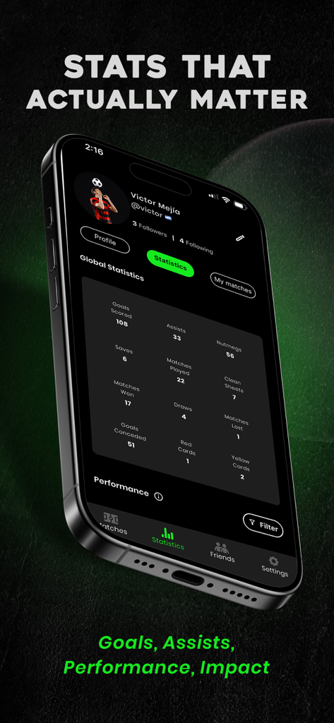 FUTX - FUTX app global statistics screen showing football performance metrics like goals assists and nutmegs