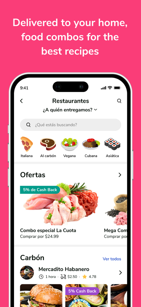 Cuballama app screen displaying food delivery categories and special offers