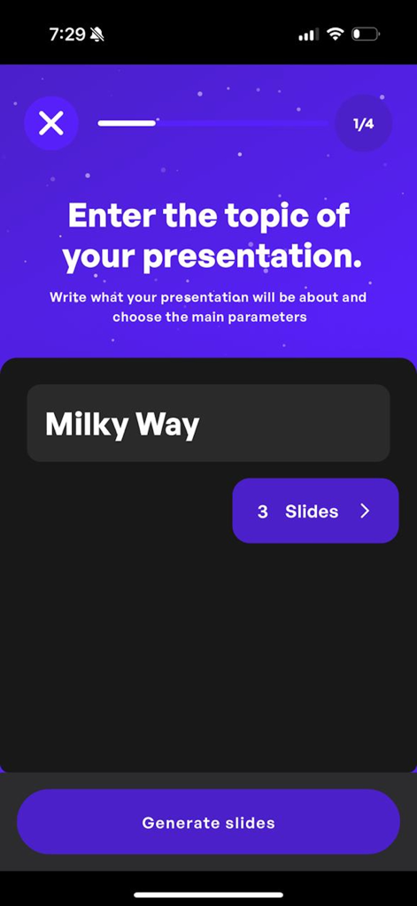 AI Presentation Generator - Interface for entering a presentation topic and selecting the number of slides in the AI Presentation Generator app.