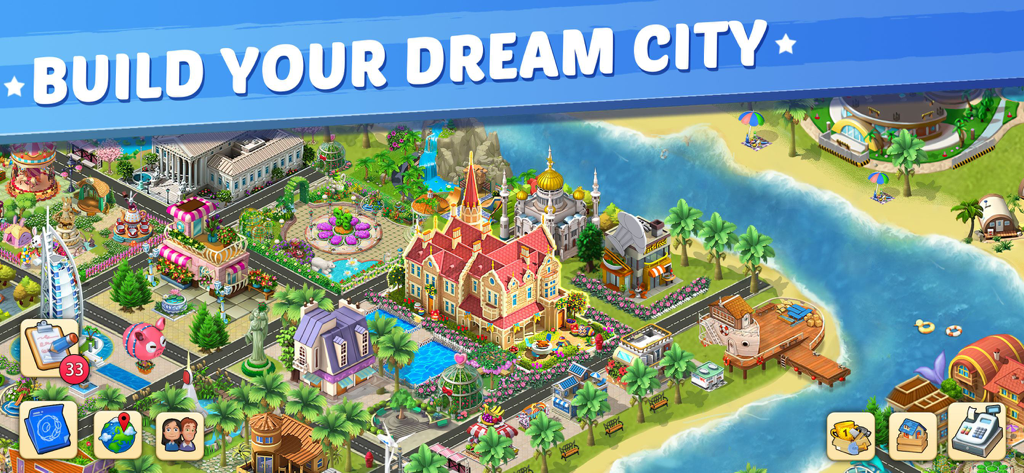 Lily City: Building metropolis - A colorful and detailed isometric view of a custom-built metropolis featuring mansions, gardens, and a coastal pier.